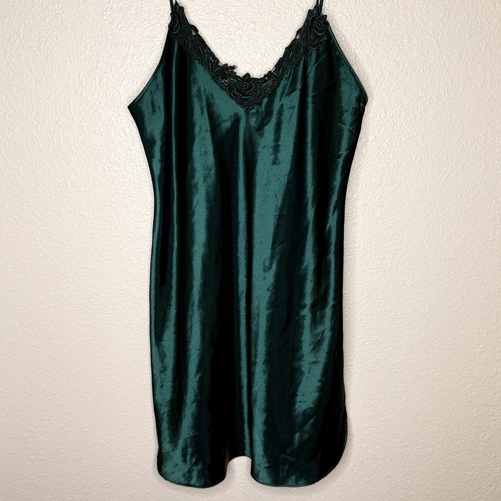 VTG Alexandra Nicole Satin Slip Dress Green Lace Trim Nightgown Y2K Medium Bias
